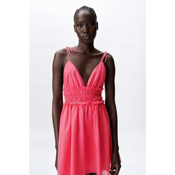 Zara Dress Elastic Trim Mini Pink Sleeveless Womens Large NEW - Picture 1 of 9